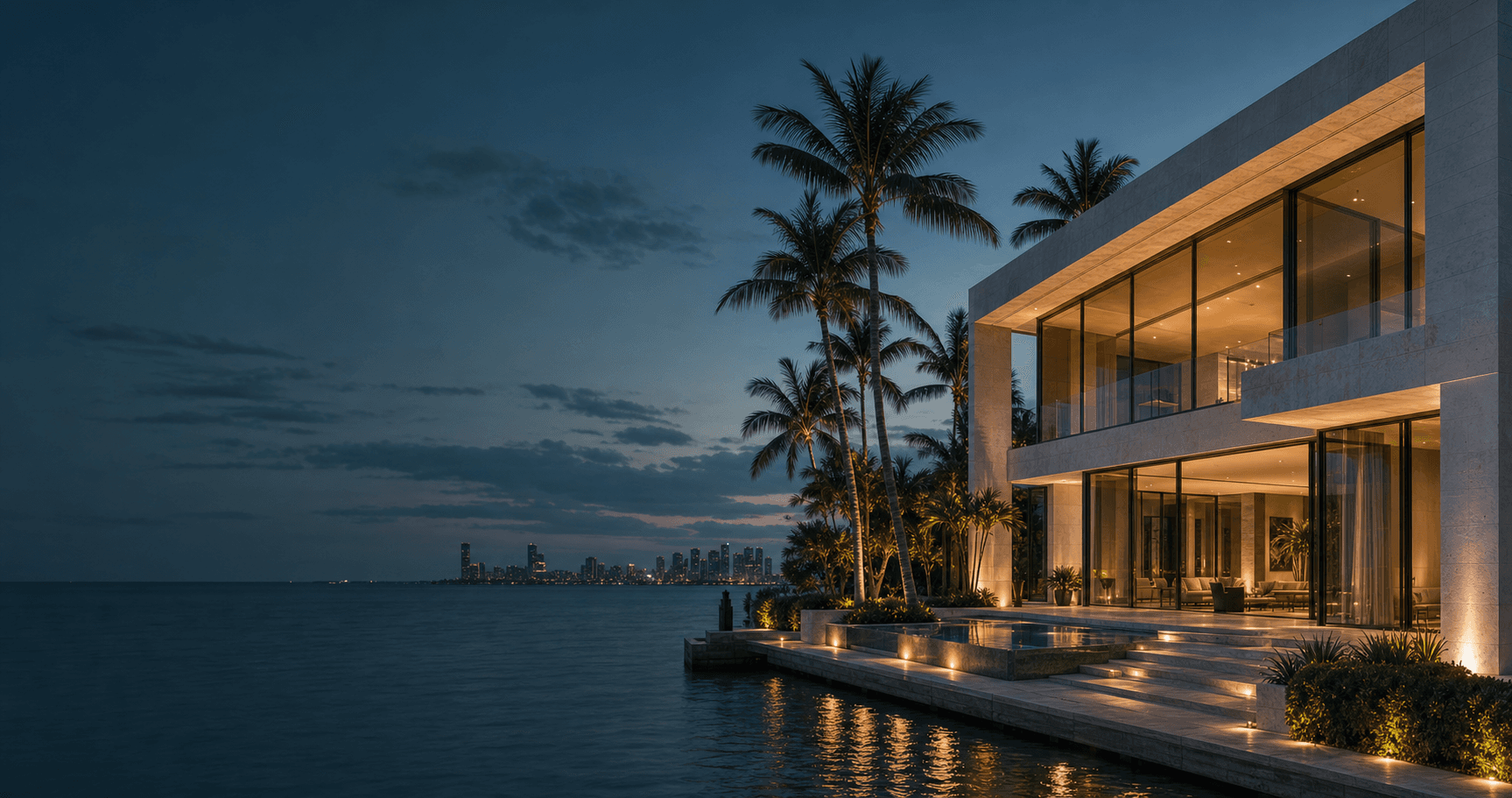 Contemporary waterfront architecture in South Florida at blue hour