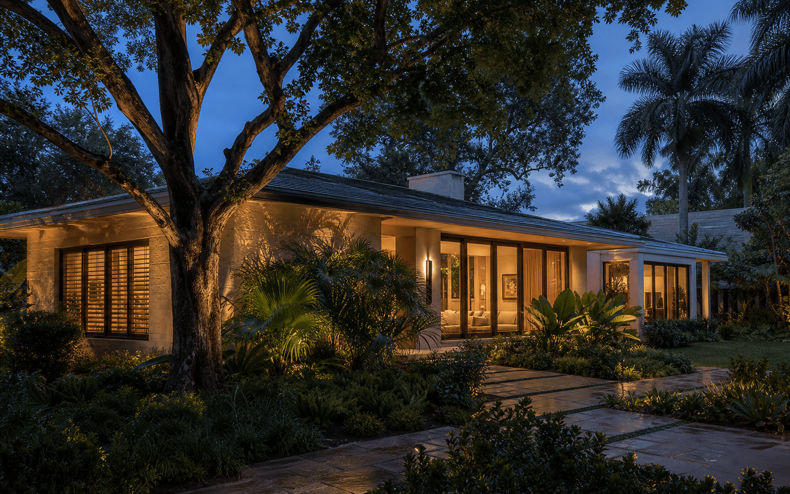 Fictional renovated South Florida home in a mature tropical garden at blue hour