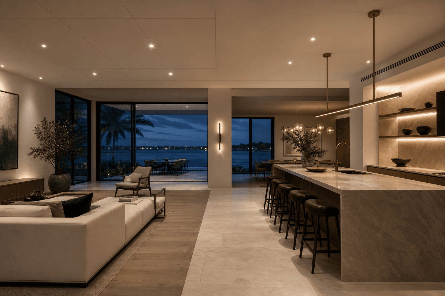 A warm contemporary South Florida interior opening toward palms and water at dusk